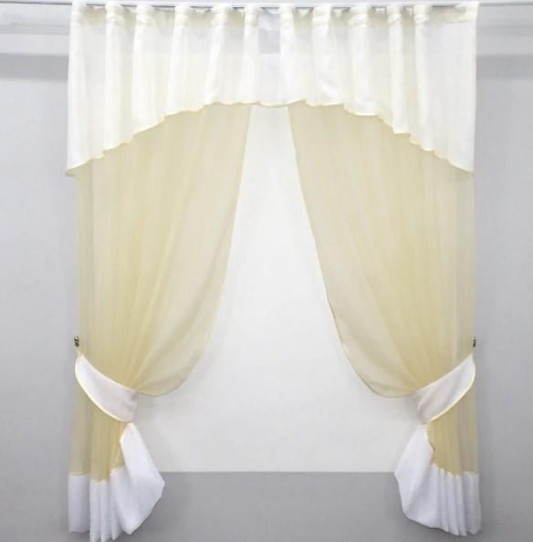 Комплект штор на кухню с ламбрекеном 290х170 см Бежевый/Белый (085к) Комплект штор на кухню с ламбрекеном 290х170 см Бежевый/Белый (085к)