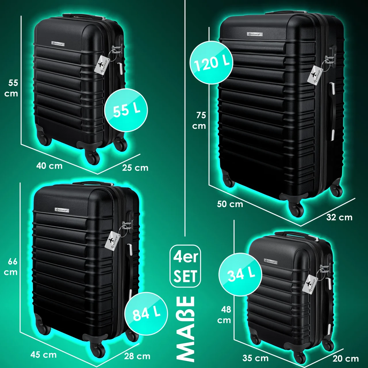 Набір із 4 дорожніх валіз KESSER з твердим корпусом S M/L/XL Чорний - фото 4 Набір із 4 дорожніх валіз KESSER з твердим корпусом S M/L/XL Чорний - фото 4