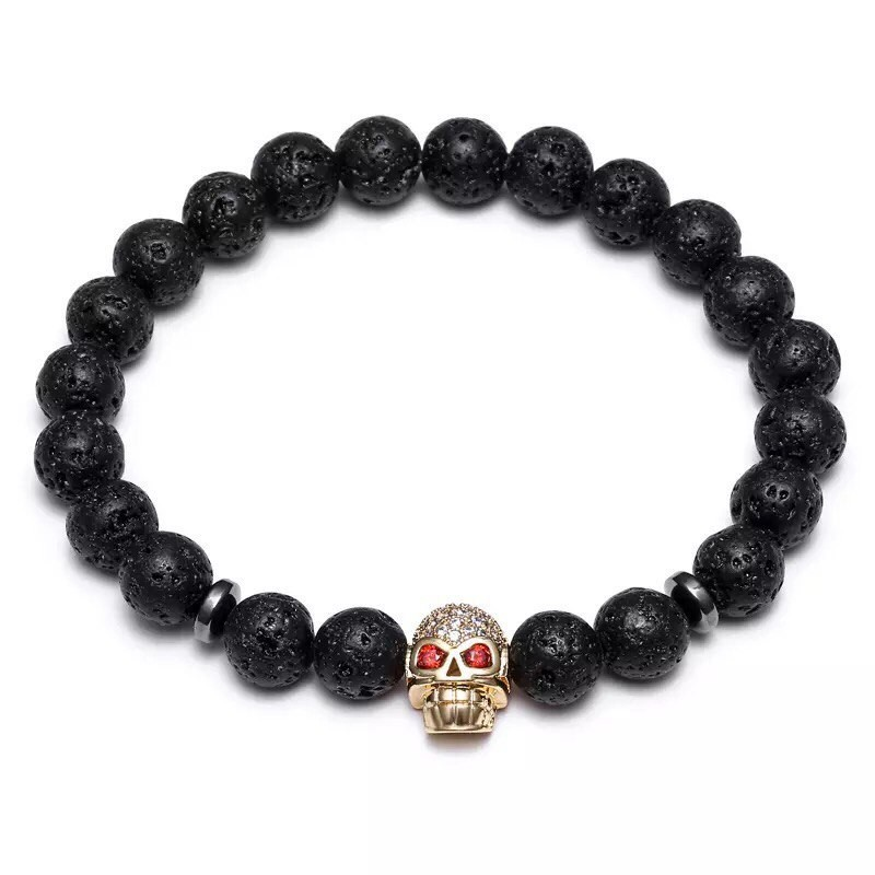 Браслет из лавового камня с черепом р. 15 Золотой/Черный (14010)