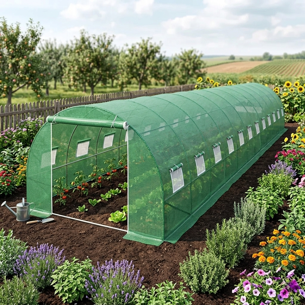 Теплица садовая арочная с 24 окнами и 1 рулонным входом из армированной UV-4 пленки 36 м2 12х3х2 м труба 25 мм Зеленый (29102 7)
