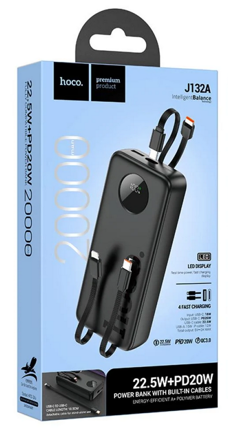 Повербанк Hoco J132A Sabio 20000 mAh 22,5W PD20W со встроенными кабелями Черный Повербанк Hoco J132A Sabio 20000 mAh 22,5W PD20W со встроенными кабелями Черный