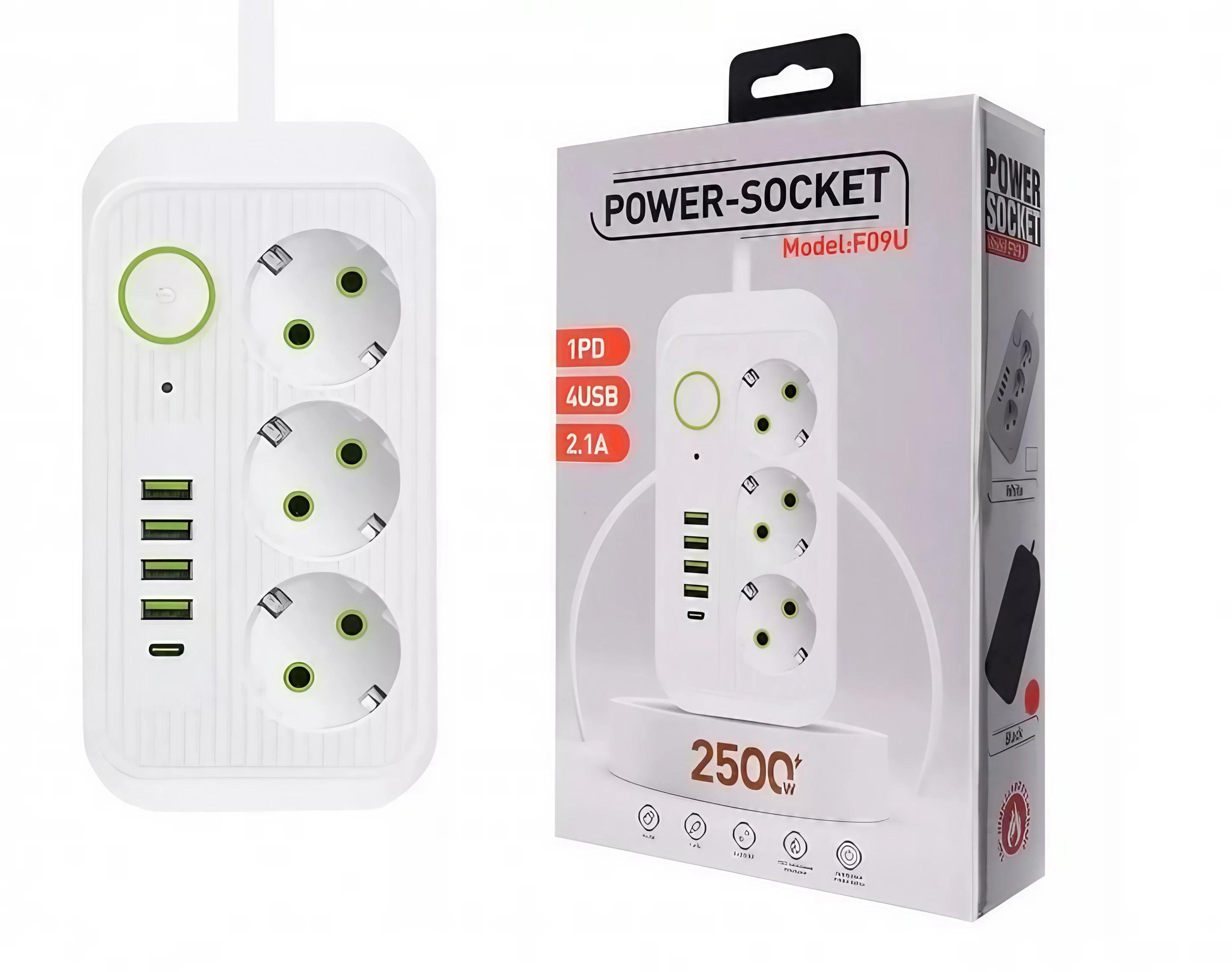 Подовжувач Power Socket F09U 3 розетки 4 USB+Type-C 2 м Білий (jmx 3065) - фото 3 Подовжувач Power Socket F09U 3 розетки 4 USB+Type-C 2 м Білий (jmx 3065) - фото 3