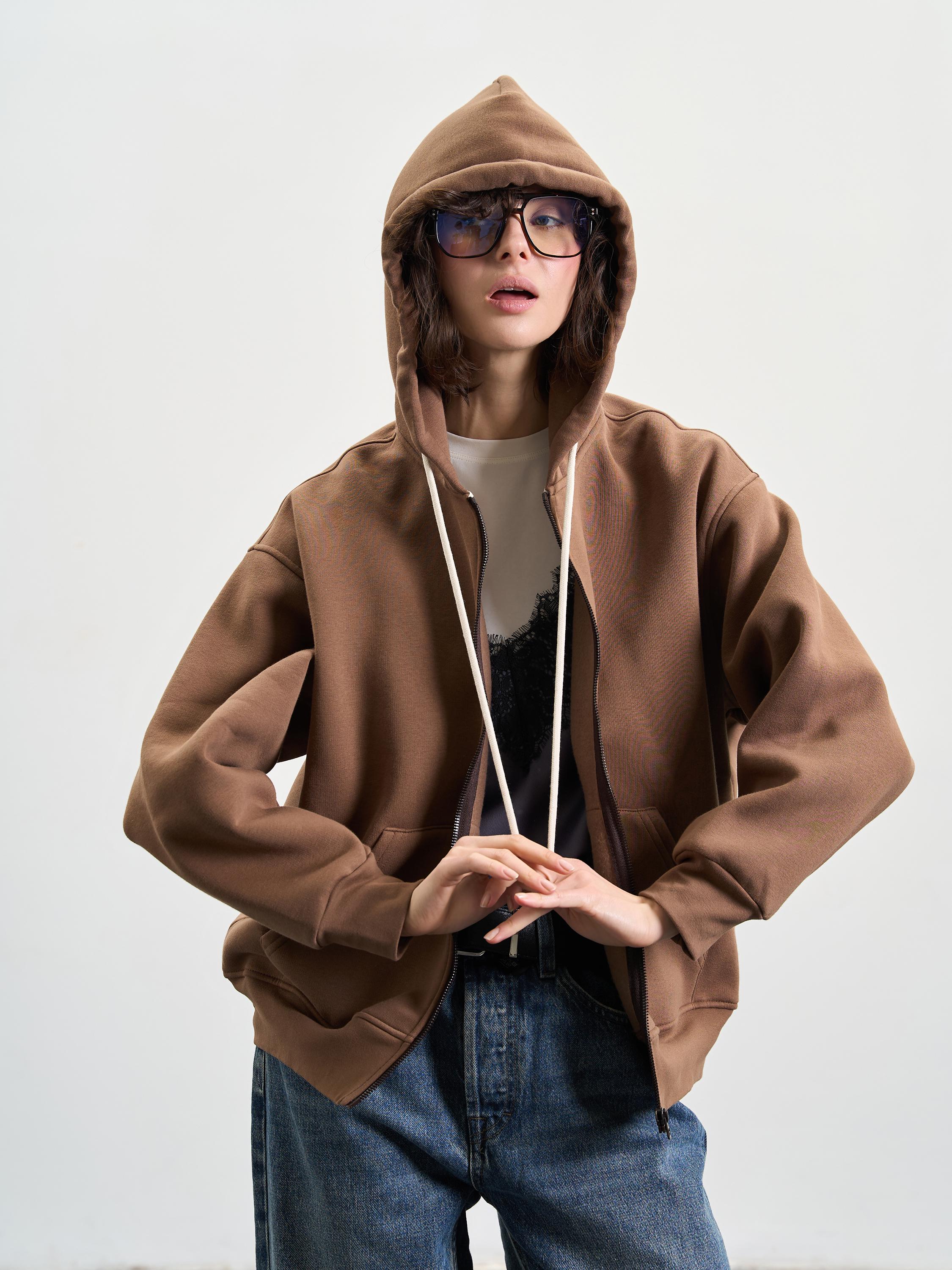 Зіп-худі жіноче утеплене зі спущеним плечем ROZA 240427 XL Темний шоколад (4824005711398) - фото 4