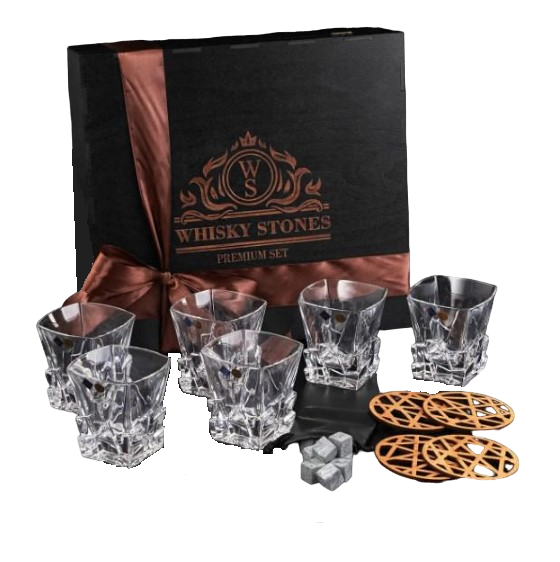 Подарочный набор для алкоголя камни для виски Whiskey Stones 24 шт. и 6 стаканов Bohemia Crack 310 мл