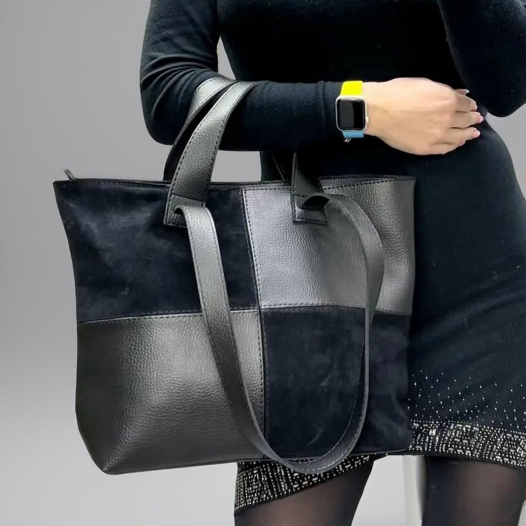 Сумка красива жіноча на плече замш велика екошкіра вміщує А4 Чорний Сумка красива жіноча на плече замш велика екошкіра вміщує А4 Чорний