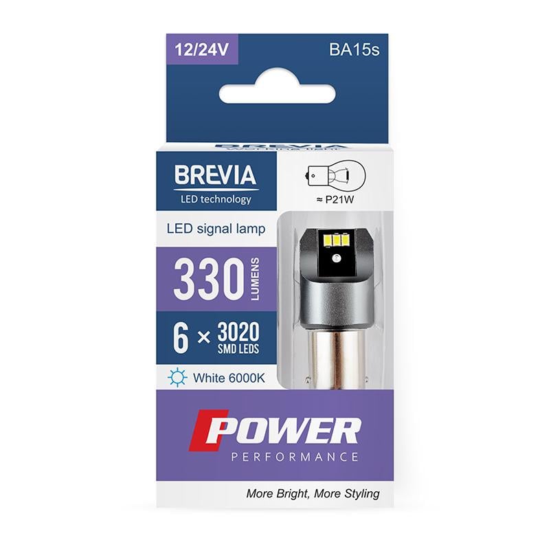 Автолампа LED Brevia Power P21W 330Lm 6x3020SMD 12/24V CANbus 2 шт. (10101X2)