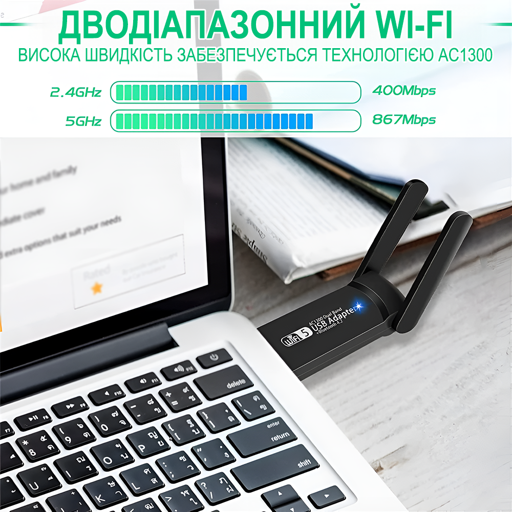 Адаптер двухдиапазонный сетевой Addap USB Wi-Fi + Bluetooth UWA-07 2,4/5GHz 1300 Mbps - фото 7 Адаптер двухдиапазонный сетевой Addap USB Wi-Fi + Bluetooth UWA-07 2,4/5GHz 1300 Mbps - фото 7