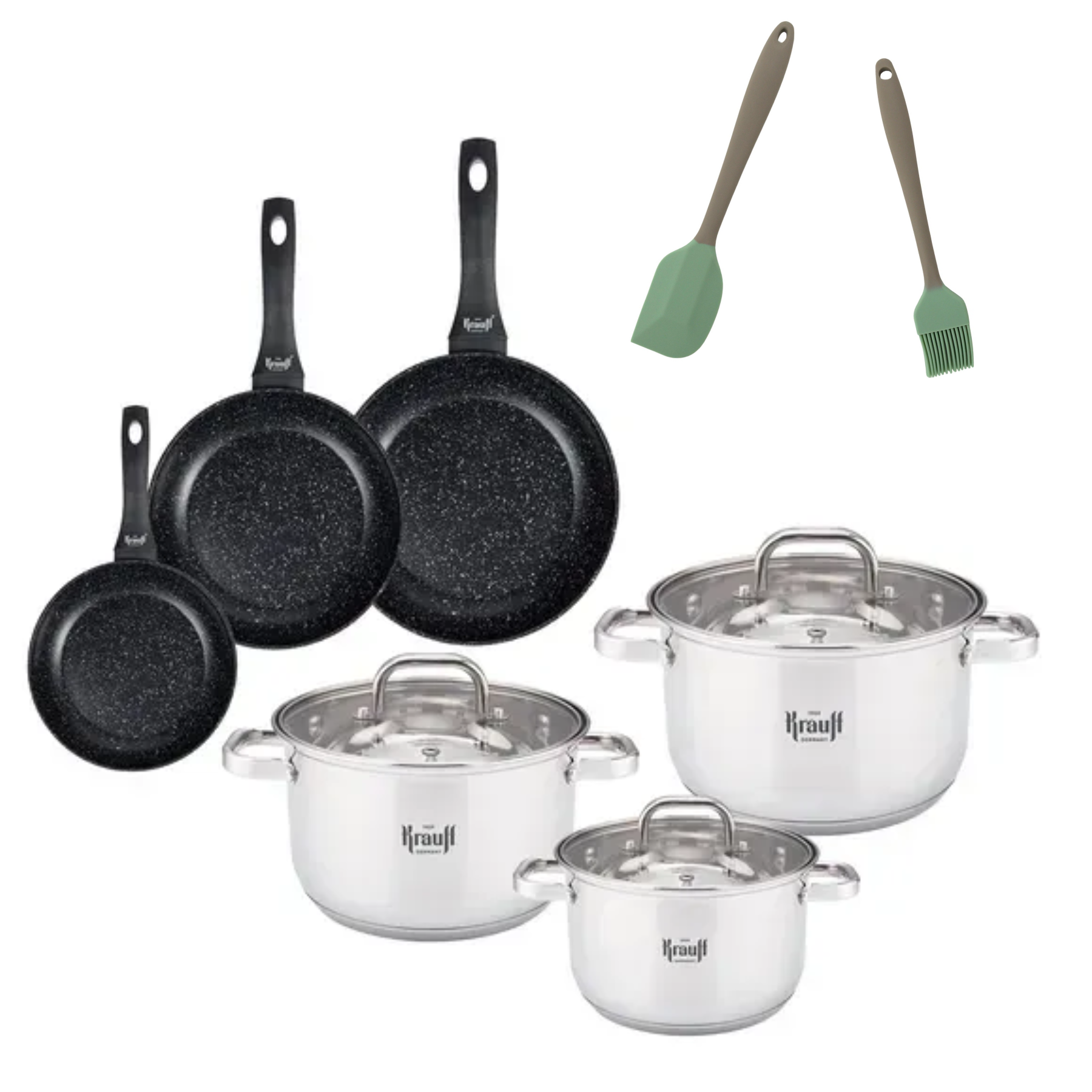 Набір каструль з кришками Krauff Stahlcraft та сковорідок Berlin з кухонним приладдям 14 пр. (55-333-618)