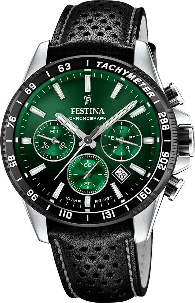 Наручные часы мужские Festina F20561/5 Timeless Chronograph со стальным корпусом WR 100 м и зеленым циферблатом