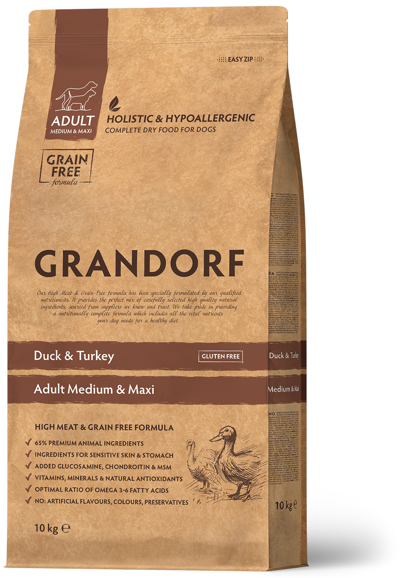 Корм для взрослых собак средних и крупных пород Grandorf DUCK & TURKEY беззерновой с уткой и индейкой 10 кг (94610)