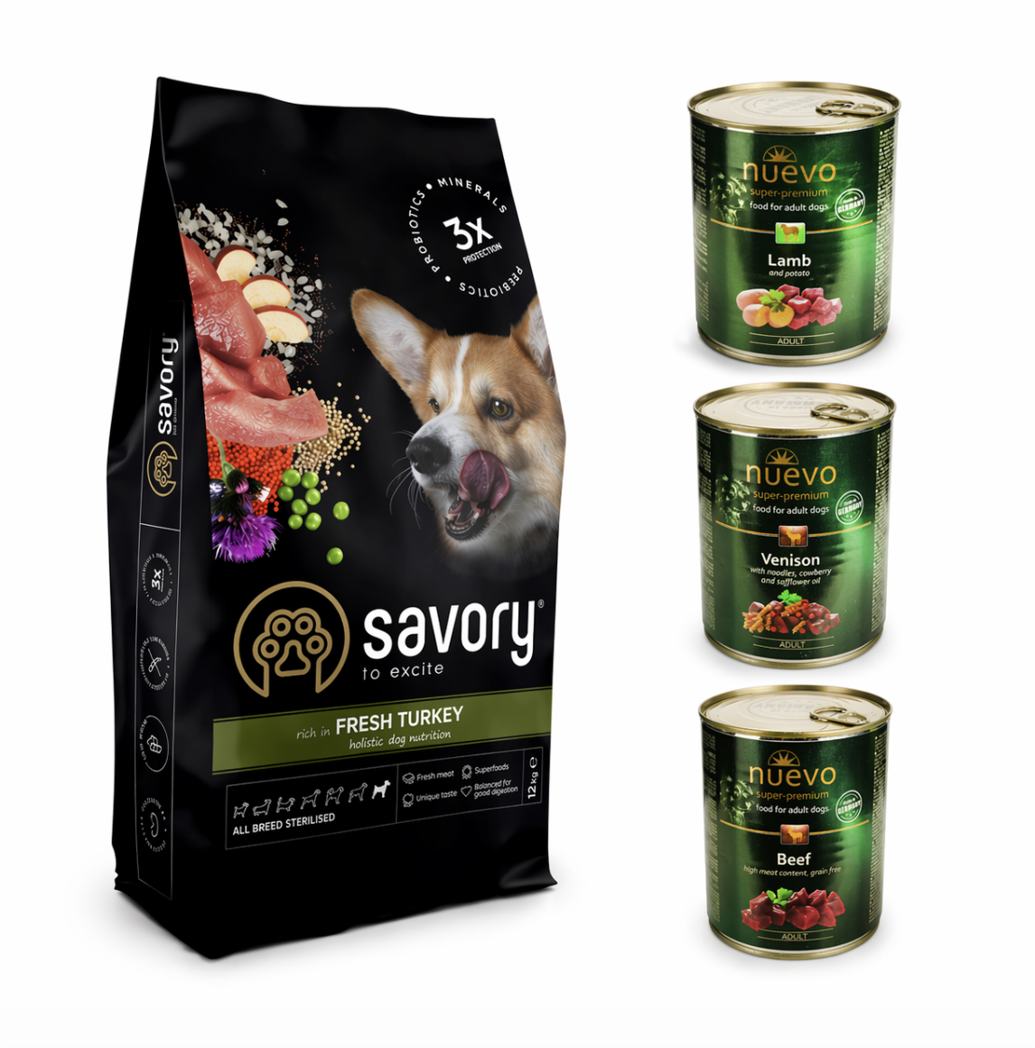 Набор корма для стерилизованной и кастрированной собаки Savory с индейкой 12 кг и консервы Nuevo 3 шт. по 800 г (4820232631515)