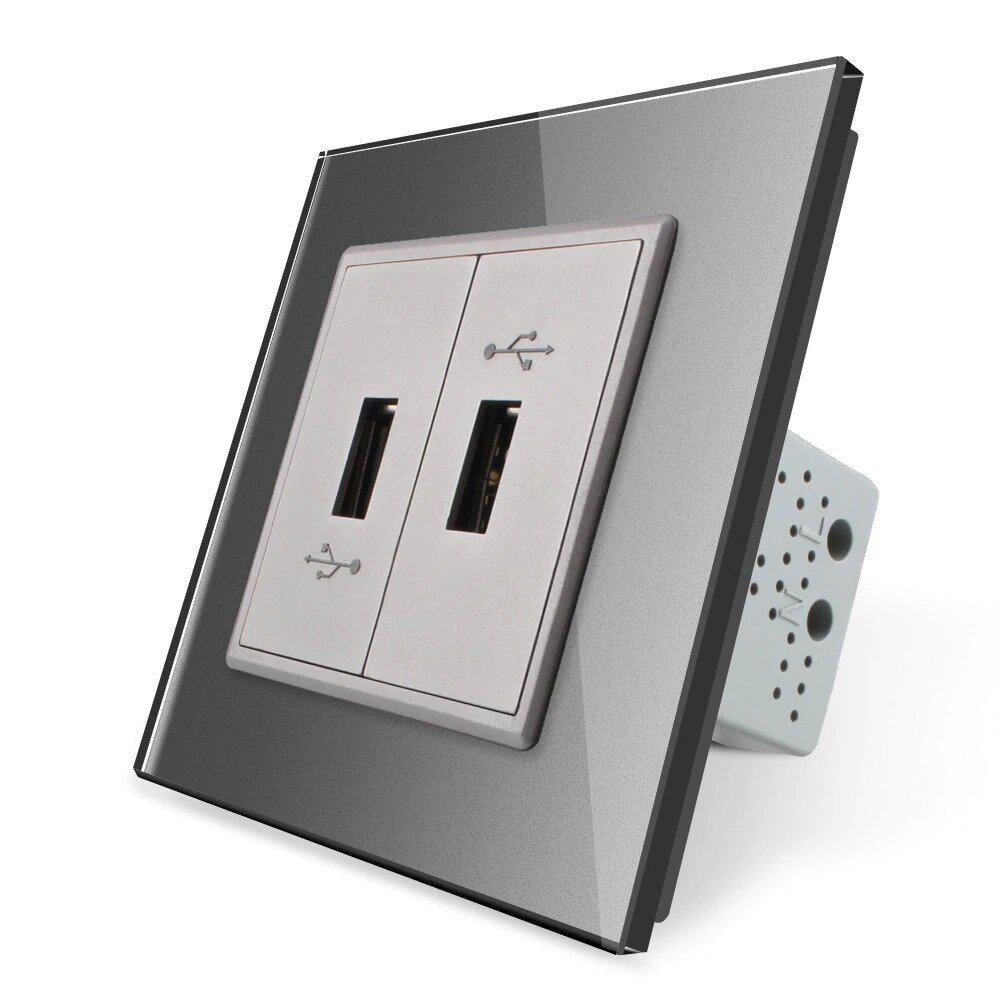 Розетка двойная Livolo USB с блоком питания стеклянная Серый (VL-C792U-15)
