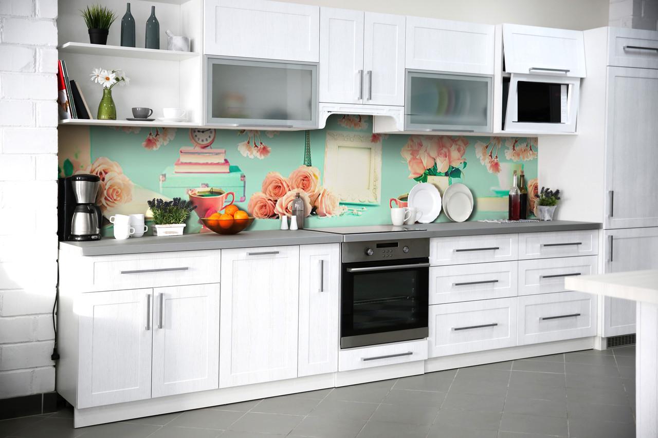 Кухонный фартук Нежные розы из самоклеющейся виниловой пленки 60х250 см Голубой Кухонный фартук Нежные розы из самоклеющейся виниловой пленки 60х250 см Голубой