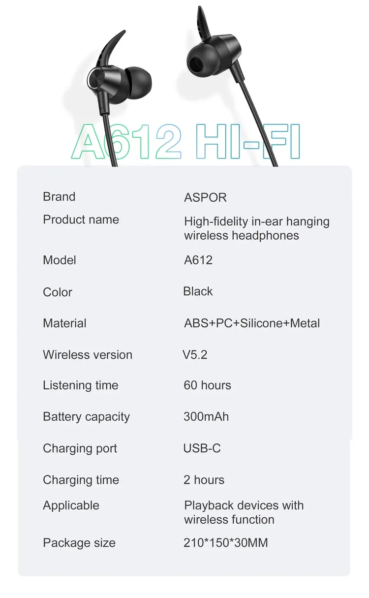 Навушники бездротові Aspor A612 Magnetic Sport Чорний (2562784769) - фото 3 Навушники бездротові Aspor A612 Magnetic Sport Чорний (2562784769) - фото 3