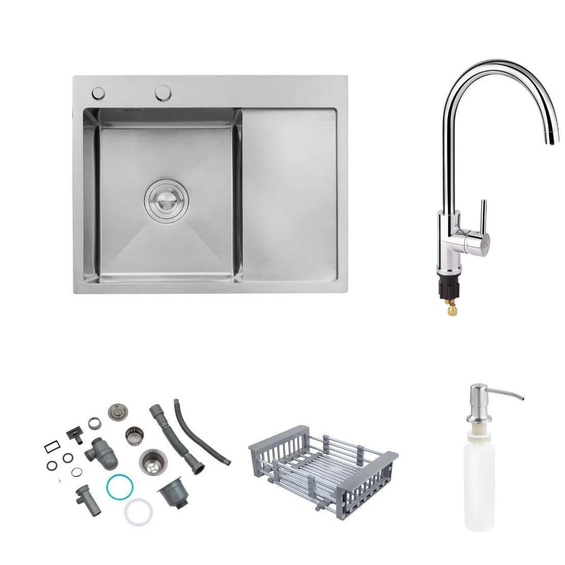 Мойка Kroner-6350LHM 3/1 мм левая и смеситель для кухни Qtap Spring 007F-2 с подключением к фильтру