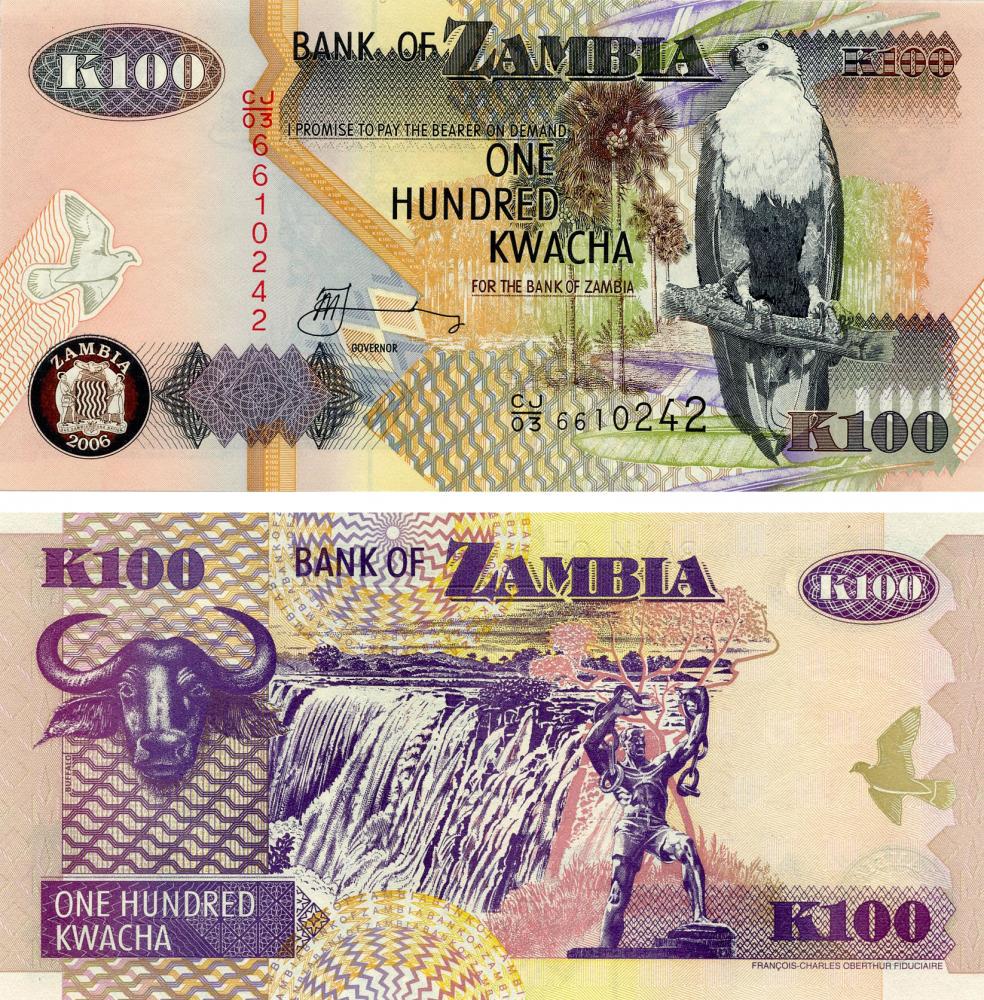 Коллекционная банкнота Замбия 100 квача 2006 UNC Буйвол P38f (Б16382)