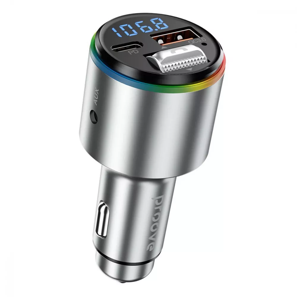 Зарядний адаптер для авто Proove FM Launcher 30 Вт порти USB-C і USB-A Bluetooth RGB Silver (30142032)