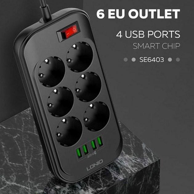 Мережевий фільтр-подовжувач електричний LDNIO SE6403 4 USB 6 розеток 2 м Black - фото 5