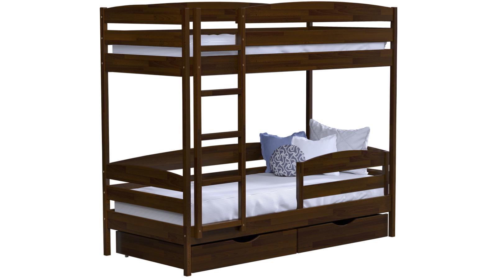 Ліжко дерев'яне двоярусне ДУЕТ ПЛЮС з ящиками та захисним бортиком 90х190 см Темний горіх