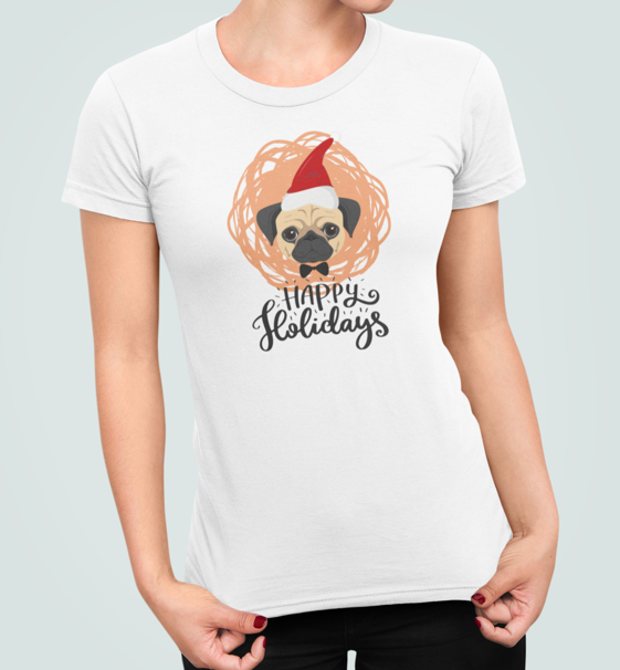 Футболка женская новогодняя Stedman с принтом Happy holidays Мопс М Белый (НГ16.1-7)