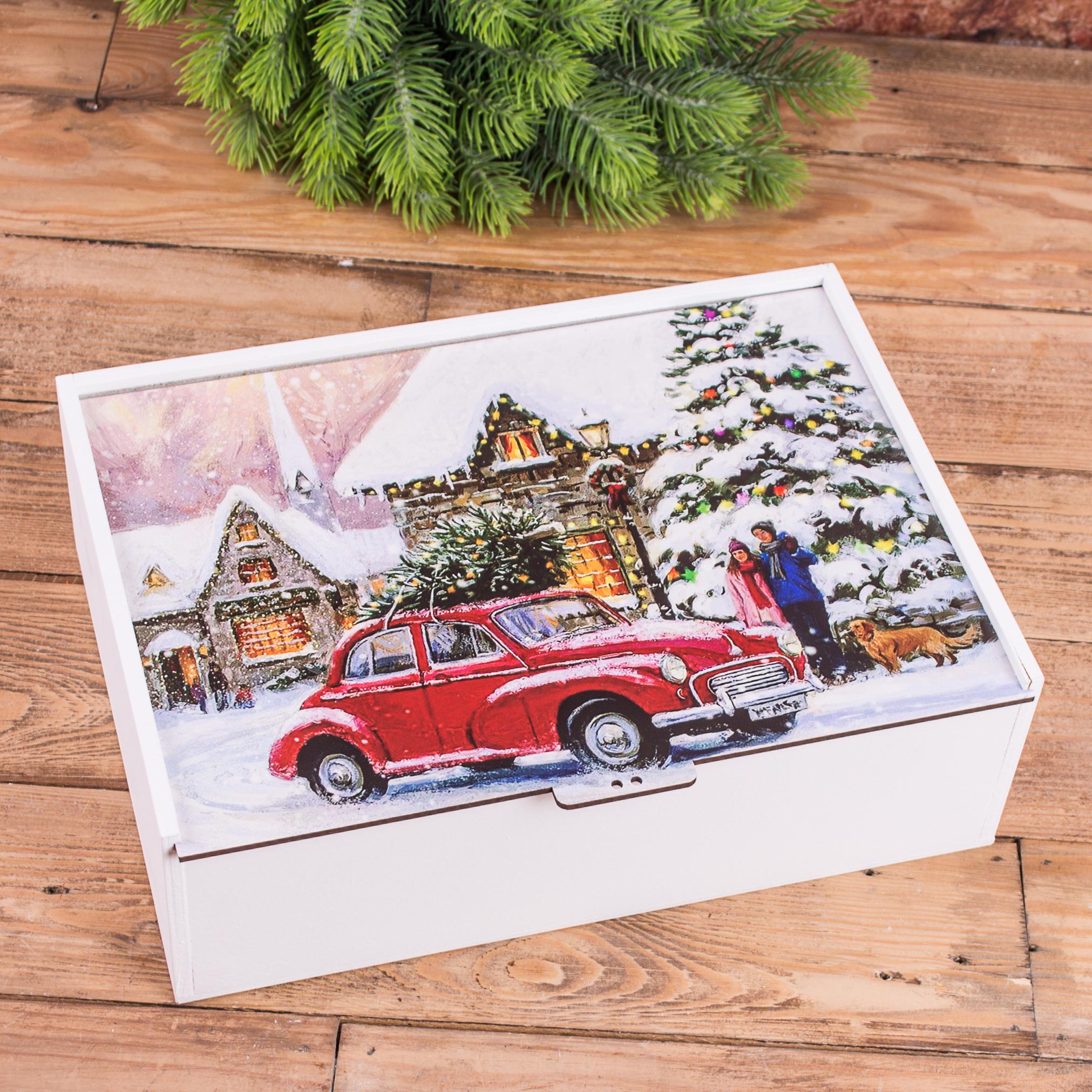 Коробка прямоугольная для подарка Новогодняя машинка 29 см (4438-4)