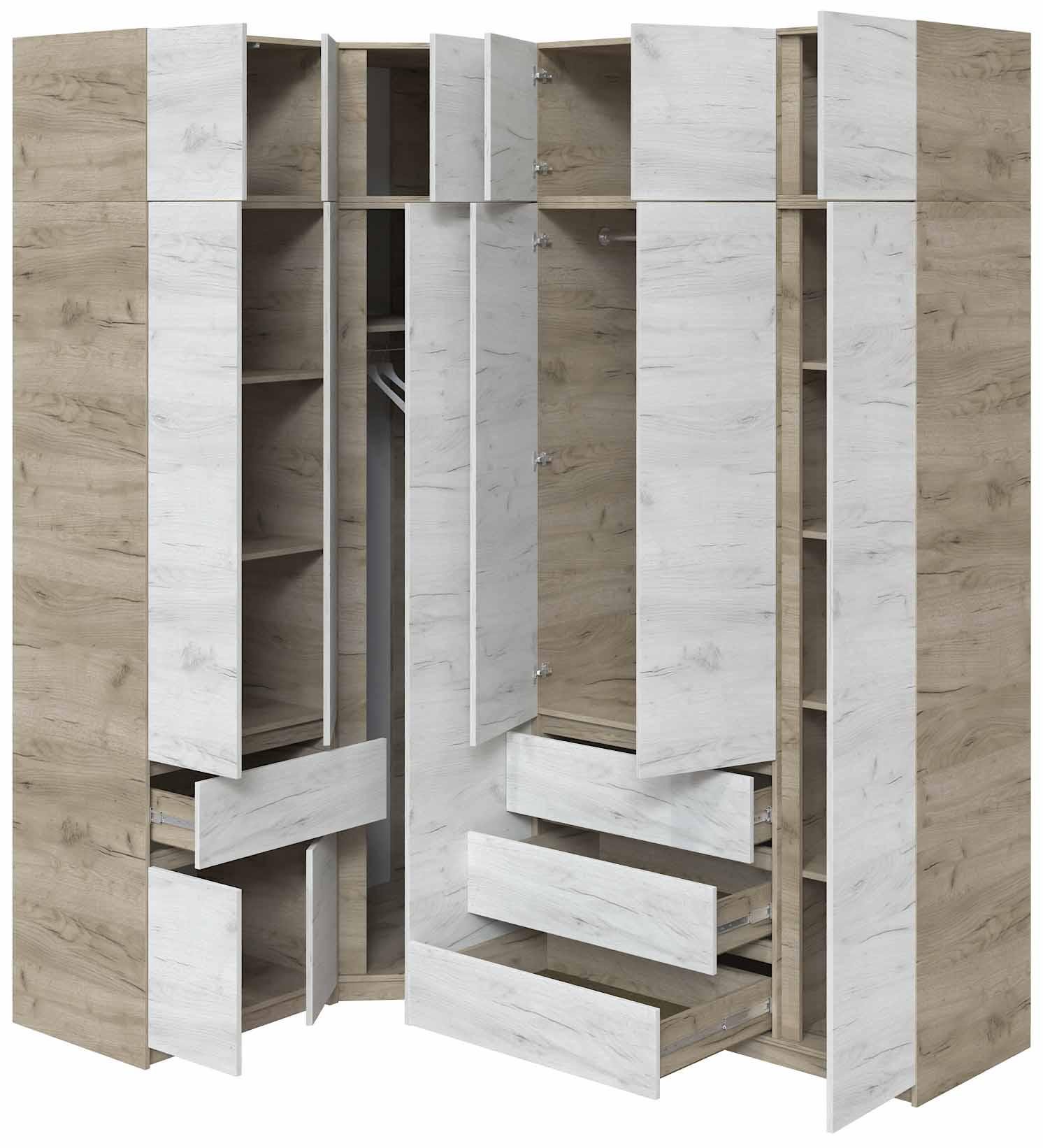 Шкаф-стенка угловой Мастер Форм Брайт 1450/2050х520х2400 мм Дуб крафт серый/Дуб крафт белый (32891) - фото 2 Шкаф-стенка угловой Мастер Форм Брайт 1450/2050х520х2400 мм Дуб крафт серый/Дуб крафт белый (32891) - фото 2