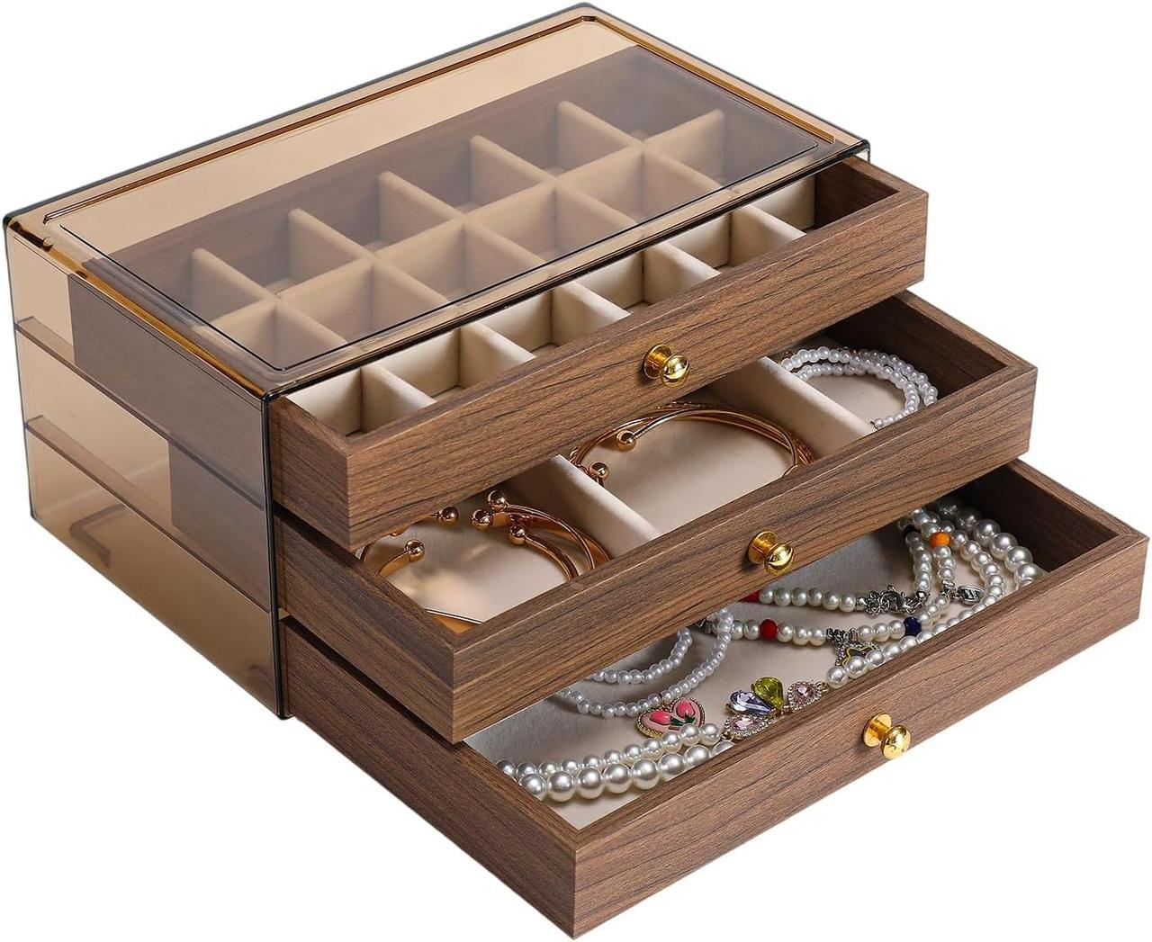 Ящик для хранения украшений и бижутерии 3 яруса Дерево в прозрачном корпусе 23,4х13,5х10,3 см
