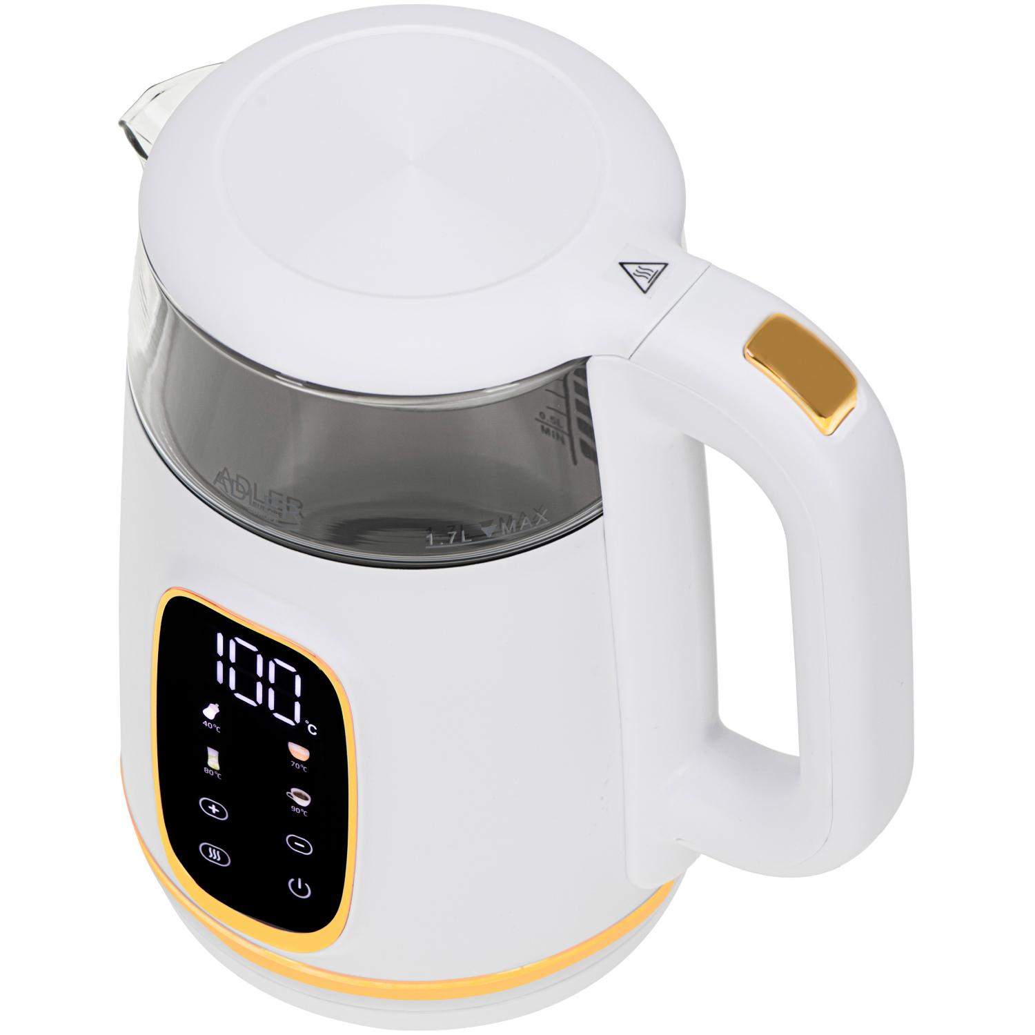 Электрочайник Adler AD 1305 стеклянный с установкой температуры 2200 Вт 1,7 л White/Gold (AD1305WG) - фото 2