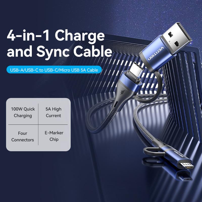 Кабель Vention USB + Type-C-Type-C + Micro-USB 100Вт 5А/20В 480 Мбіт/с USB-A + USB-C на USB-C + Micro-B PD нейлоновий шнур 2 м Чорний (CTLLH) - фото 2