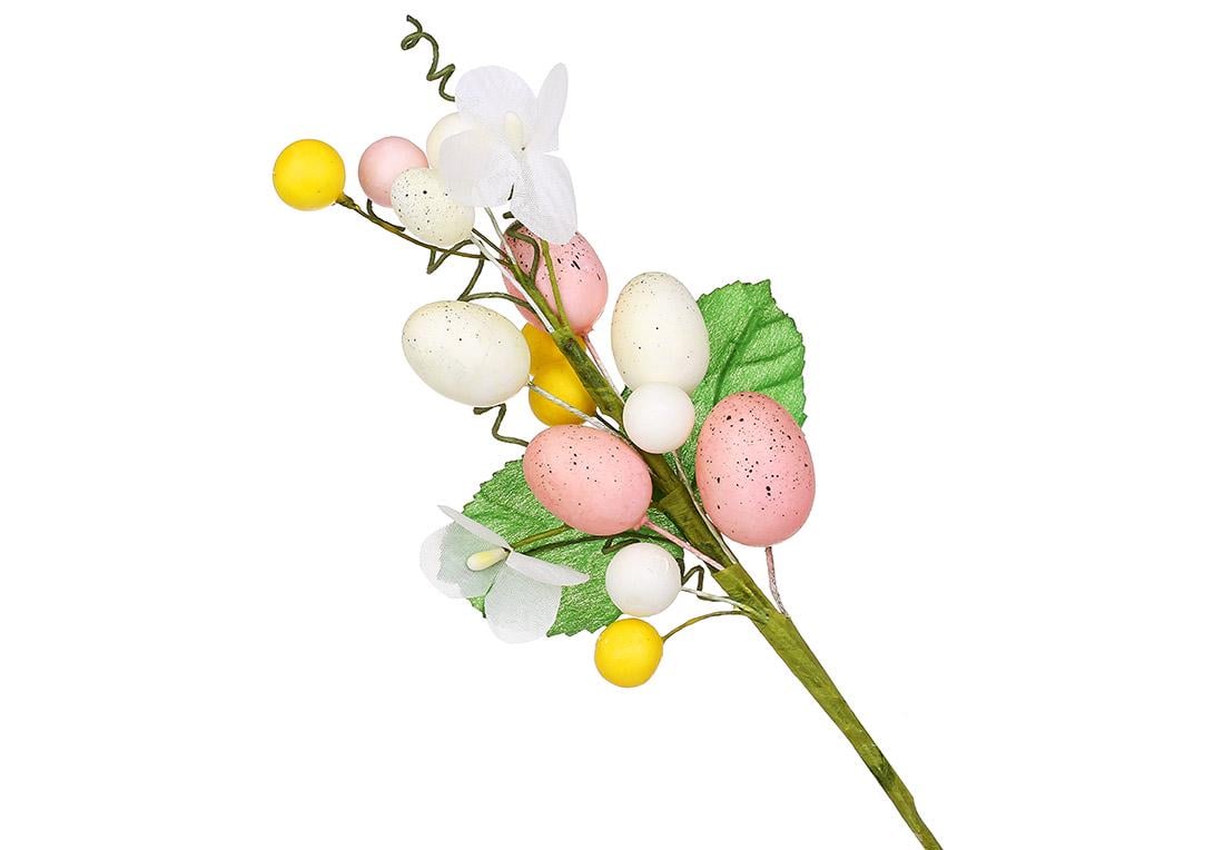 Декоративная ветвь с листьями яйцами и цветами 11,5x26 см (H39-074)