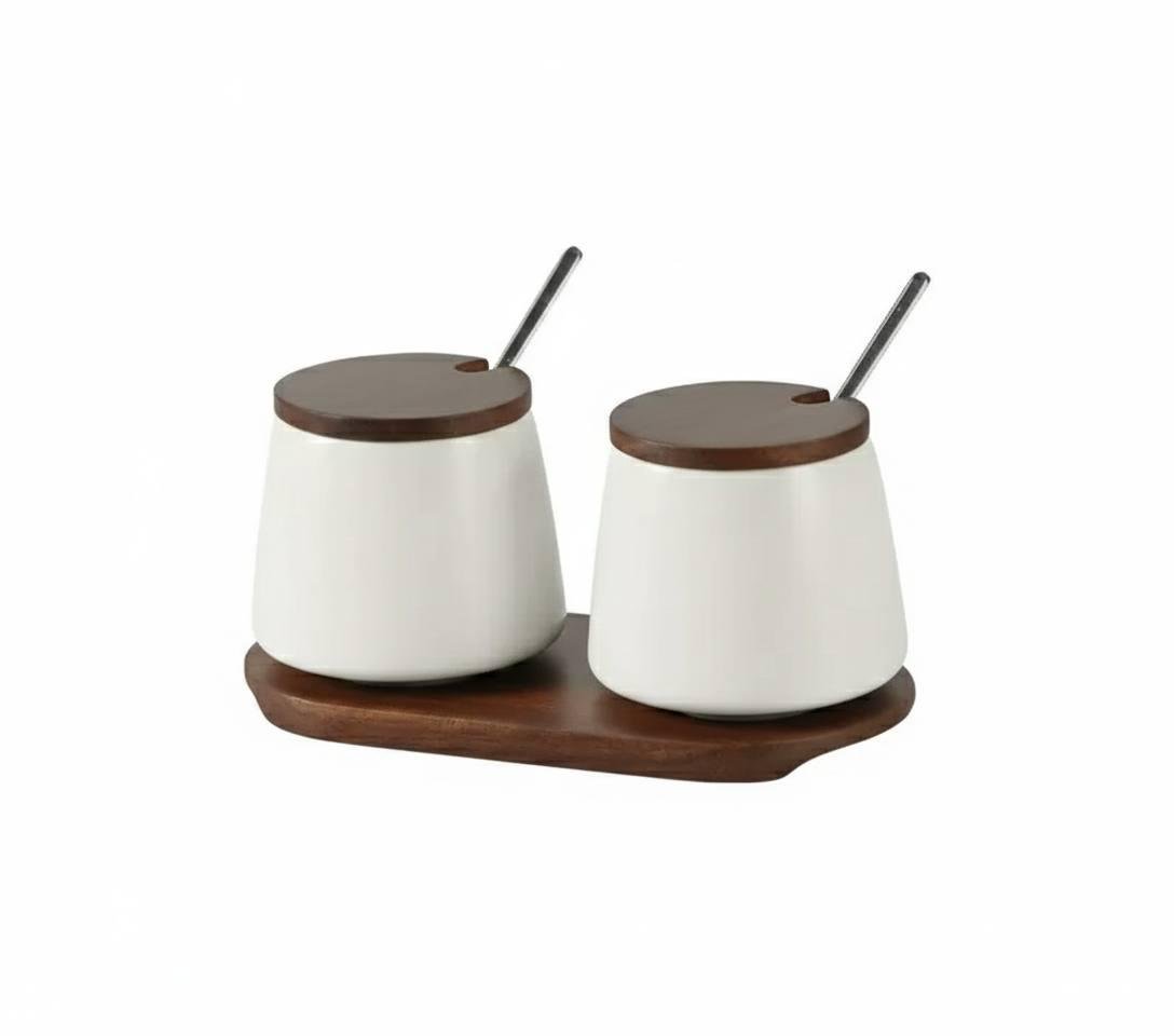 Набір контейнерів для солі/перцю/приправ та спецій з кришками та ложками на деревʼяній підставці 2 шт. Білий (31217127)
