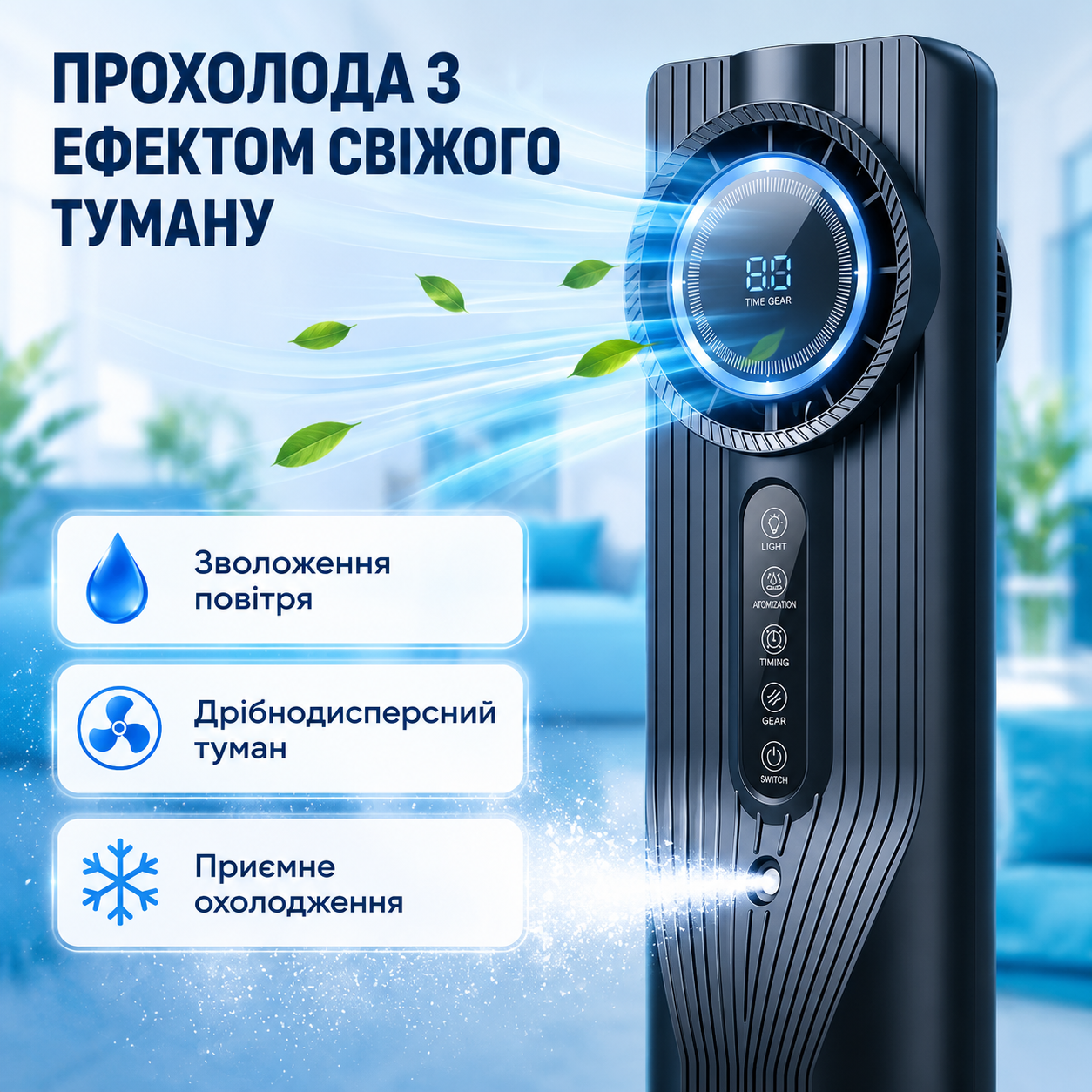 Вентилятор настільний із зволожувачем повітря USB безлопатевий з LED підсвіткою Чорний (1774963827645) - фото 5