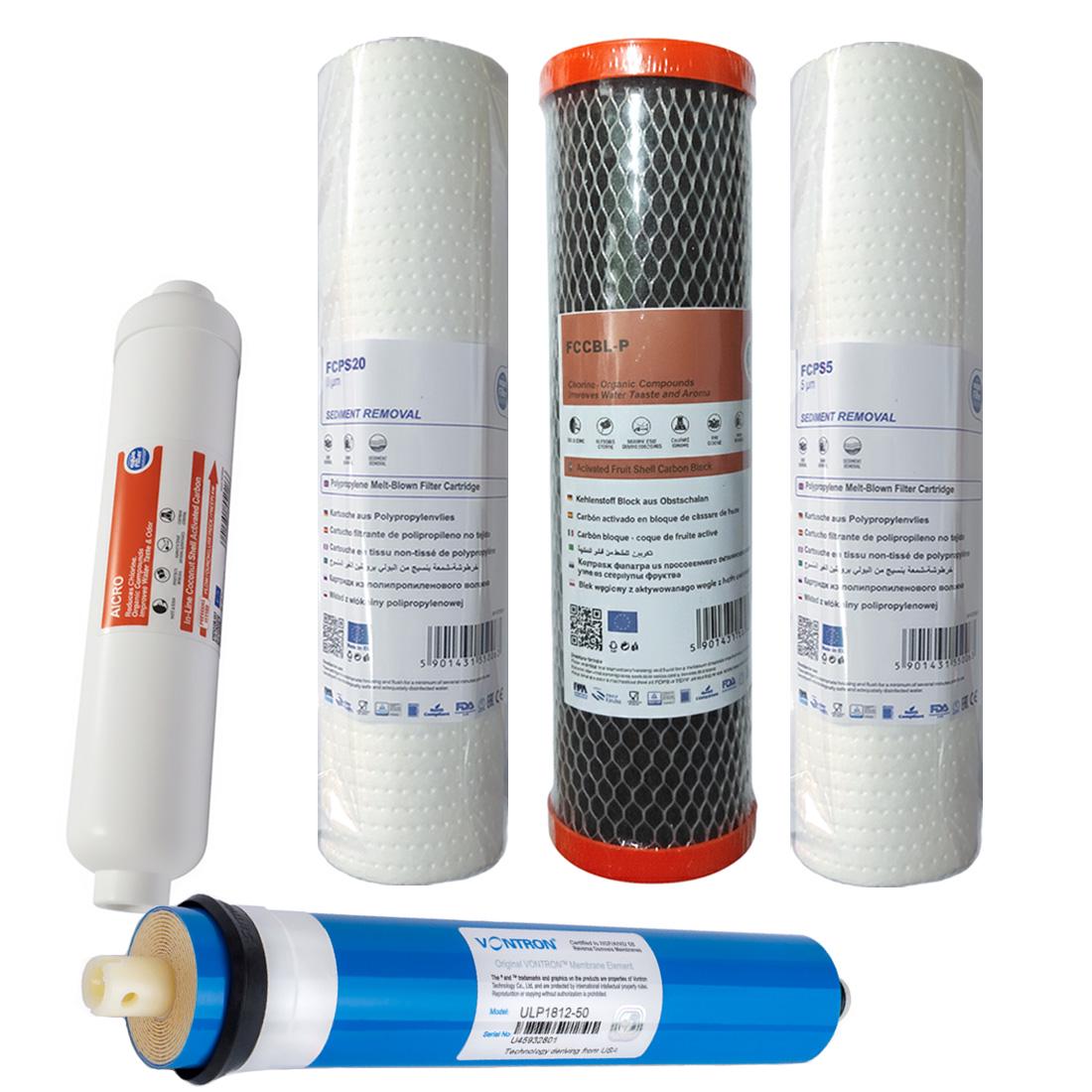 Набір картриджів Aquafilter для систем зворотного осмосу PP20-BL-PP5 Постфільтр/Мембрана Vontron 50 (2019553704)