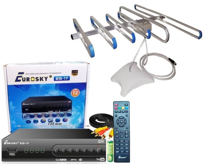 Комплект Т2ТВ-Тюнер Eurosky ES-17 DVB-T2 Metall+INTERNET с функцией записи и просмотра интернет-каналов,IPTV,YouTube + SUPERAнтенна для Т2