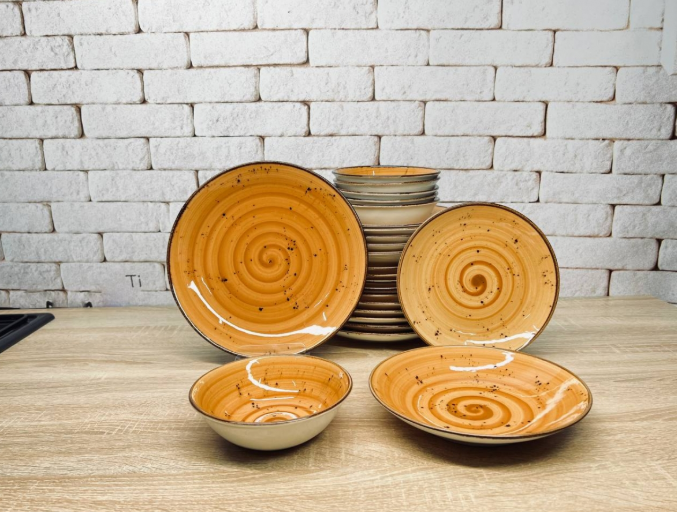 Сервиз столовый OMS TULU Spiral фарфор 6 персон 24 шт. Оранжевый (DN24-Spiral Kahwe) - фото 1 Сервиз столовый OMS TULU Spiral фарфор 6 персон 24 шт. Оранжевый (DN24-Spiral Kahwe) - фото 1