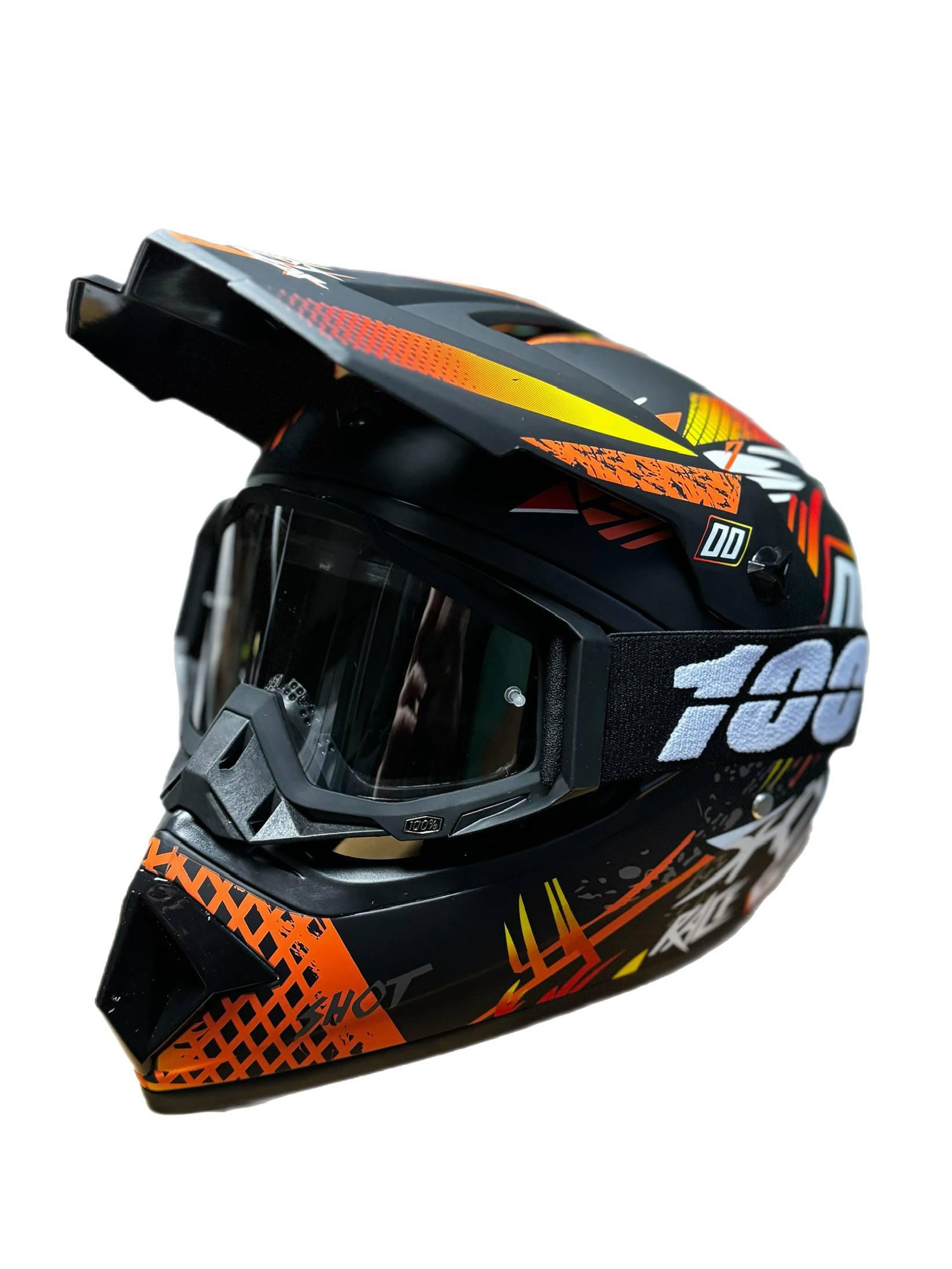 Мотошлем эндуро кроссовый Helmet Orange 2 XL Оранжевый и очки Profi 100% Черный (0138)