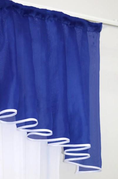 Комплект штор на кухню/балкон із ламбрекеном шифон 170х170 см Білий/Синій (103к) - фото 2 Комплект штор на кухню/балкон із ламбрекеном шифон 170х170 см Білий/Синій (103к) - фото 2