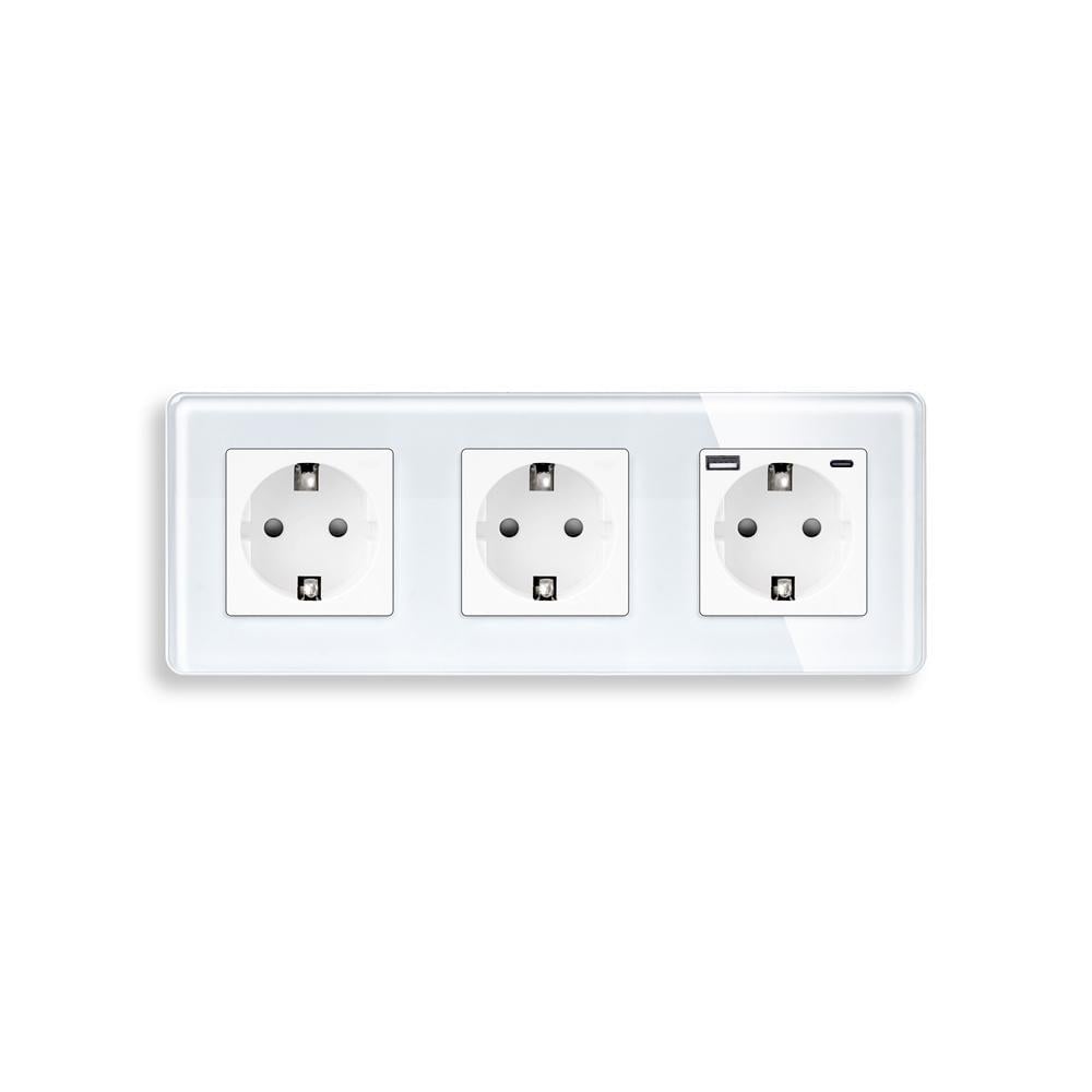 Розетка ELIOS с USB A+C 20Вт с заземлением/шторками 250В 16А стеклянная рамка Белый (TW-M3FGAC-WT)