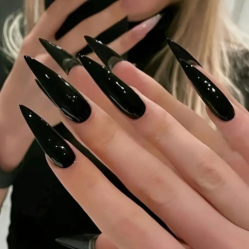 Накладні нігті довгі гострої мигдальної форми з клейовими пластинами 24 шт. Чорний (2789190704) - фото 2 Накладні нігті довгі гострої мигдальної форми з клейовими пластинами 24 шт. Чорний (2789190704) - фото 2