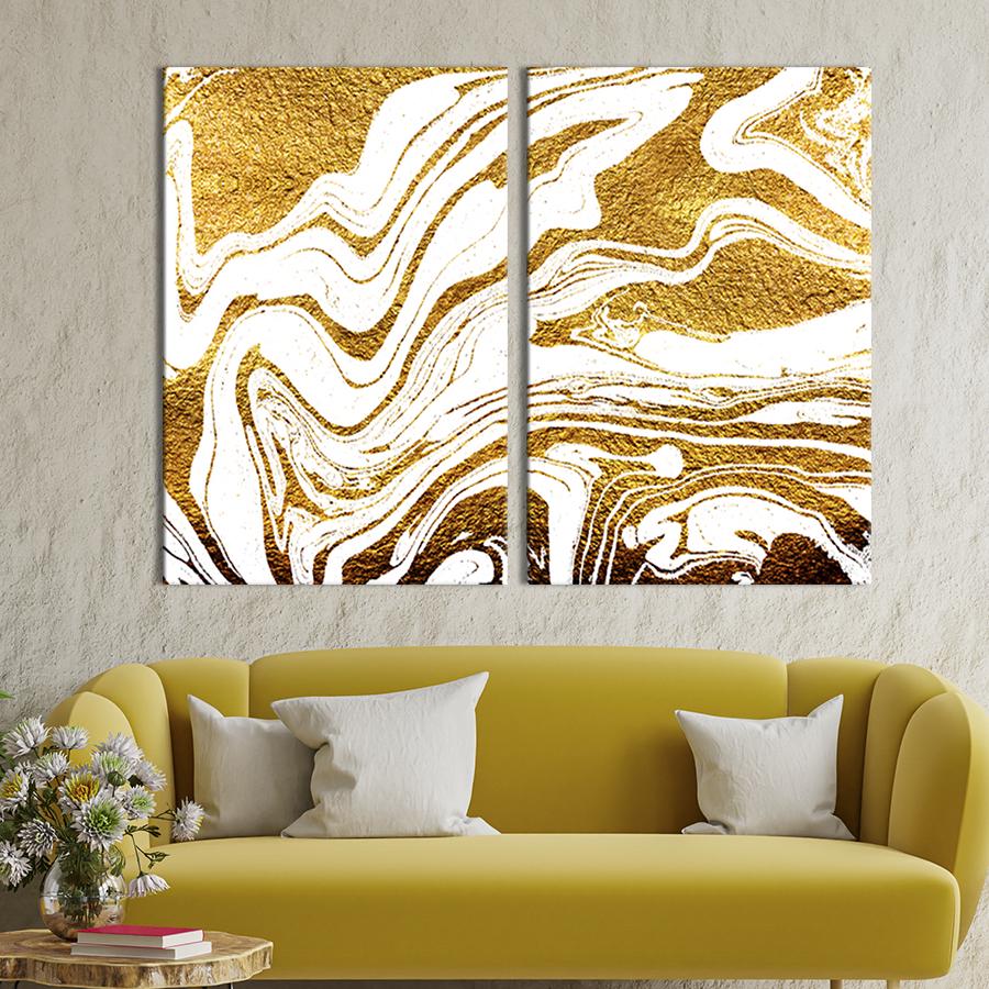 Настенный декор диптих картина на холсте для интерьера Абстрактные волны на золотом песке 71x51 см (48-2)