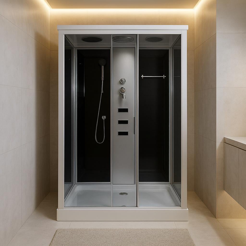 Душевой бокс закрытый KO&PO с гидромассажем левосторонний поддон 15 см тонированное стекло 5 мм 120x80х215 см (C15038)