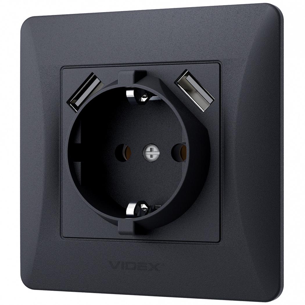 Одинарная розетка с заземлением Videx Binera VF-BNSK1GU2-BG Черный графит