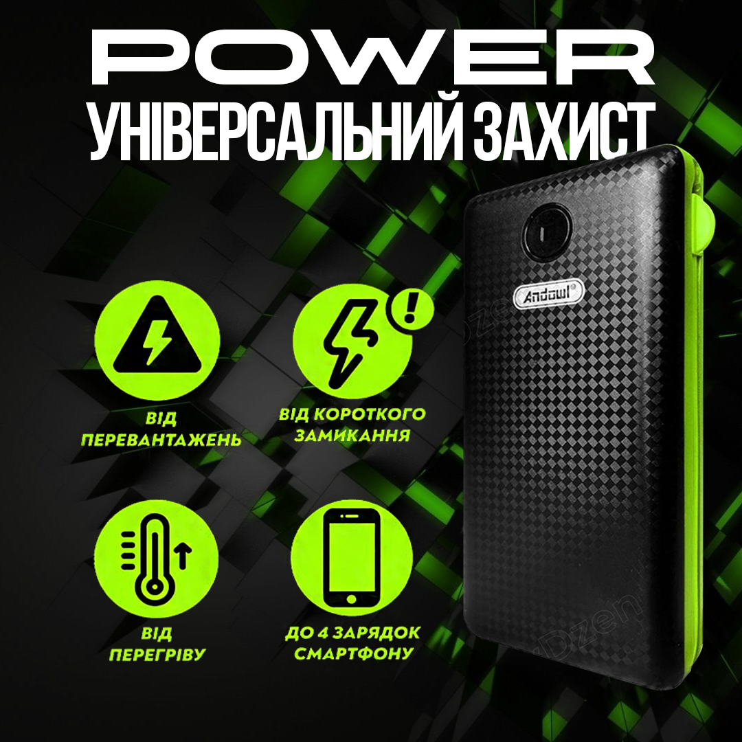 Повербанк AndoWl Q-T70Х1 20000 mah з кабелями Micro USB/Type C/Lightning для роутера/телефону Чорно-зелений (ae99104b) - фото 2