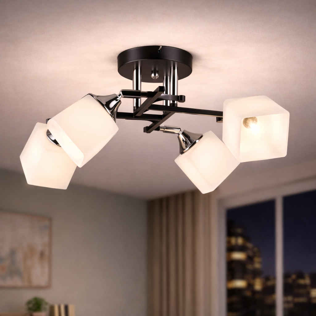 Люстра Valeso с четырьмя стеклянными плафонами под лампу Е27 Черный/Хром (B N5488/4 BK+CH)