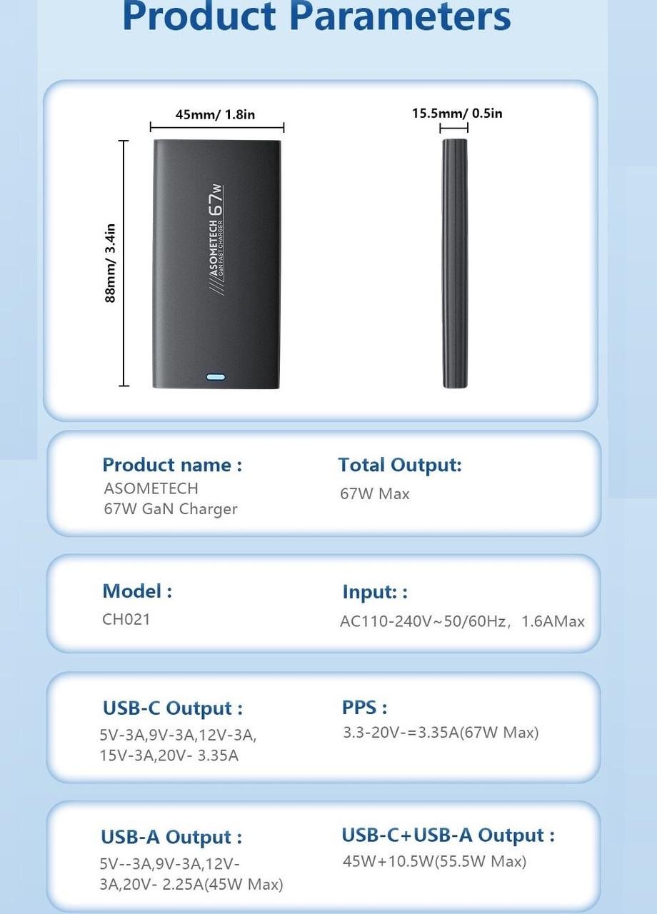 Зарядний пристрій мережевий Asometech GaN 67W USB+Type-C Fast Charger Compact Black (25397250) - фото 9 Зарядний пристрій мережевий Asometech GaN 67W USB+Type-C Fast Charger Compact Black (25397250) - фото 9