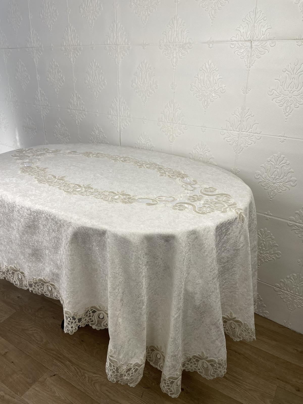 Скатертина велюрова Acme Tekstil PVS Marguerite ovale 160x220 см Krem (CN37736)