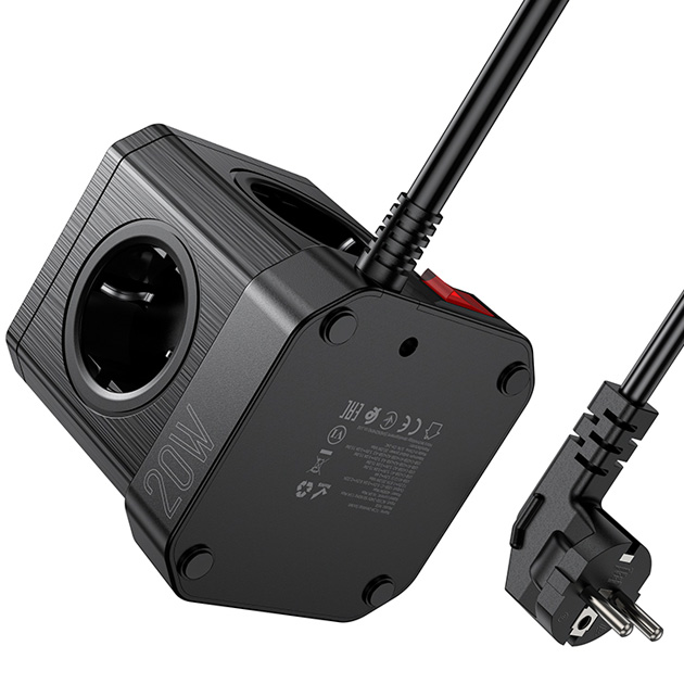 Aильтр cетевой Hoco NS8 5x220V 3хUSB 1хType-C PD20W 4000W 2 м удлинитель с кнопкой выключения быстрая зарядка Черный - фото 4 Aильтр cетевой Hoco NS8 5x220V 3хUSB 1хType-C PD20W 4000W 2 м удлинитель с кнопкой выключения быстрая зарядка Черный - фото 4