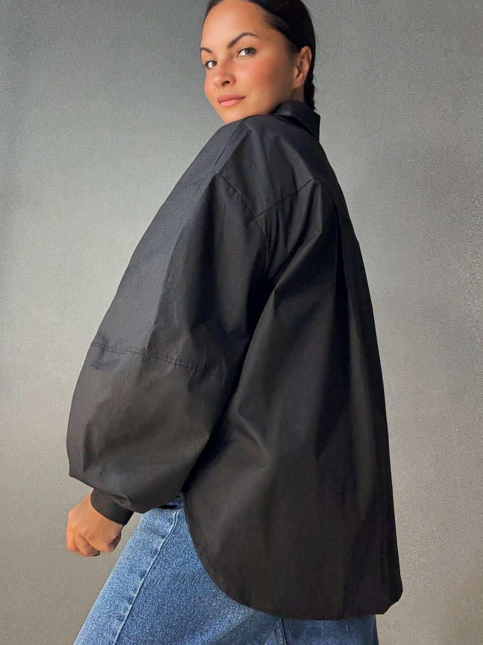 Рубашка женская Lan Lan 7503 оверсайз широкая длинная с пышным рукавом OS Черный (4910) - фото 7