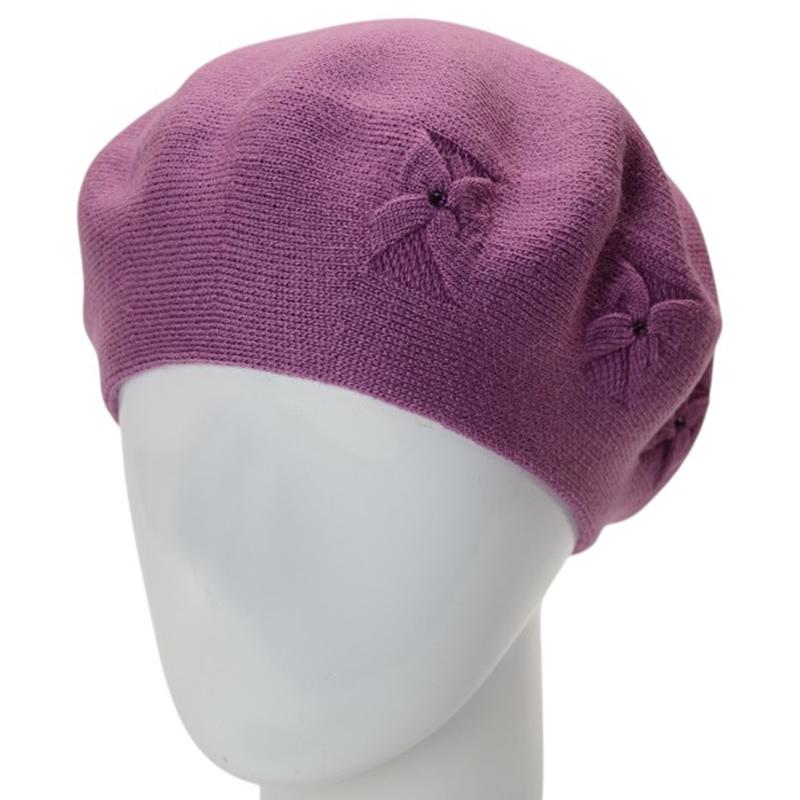 Берет женский двойной тонкой вязки Lirus Баунти с узором и стразами