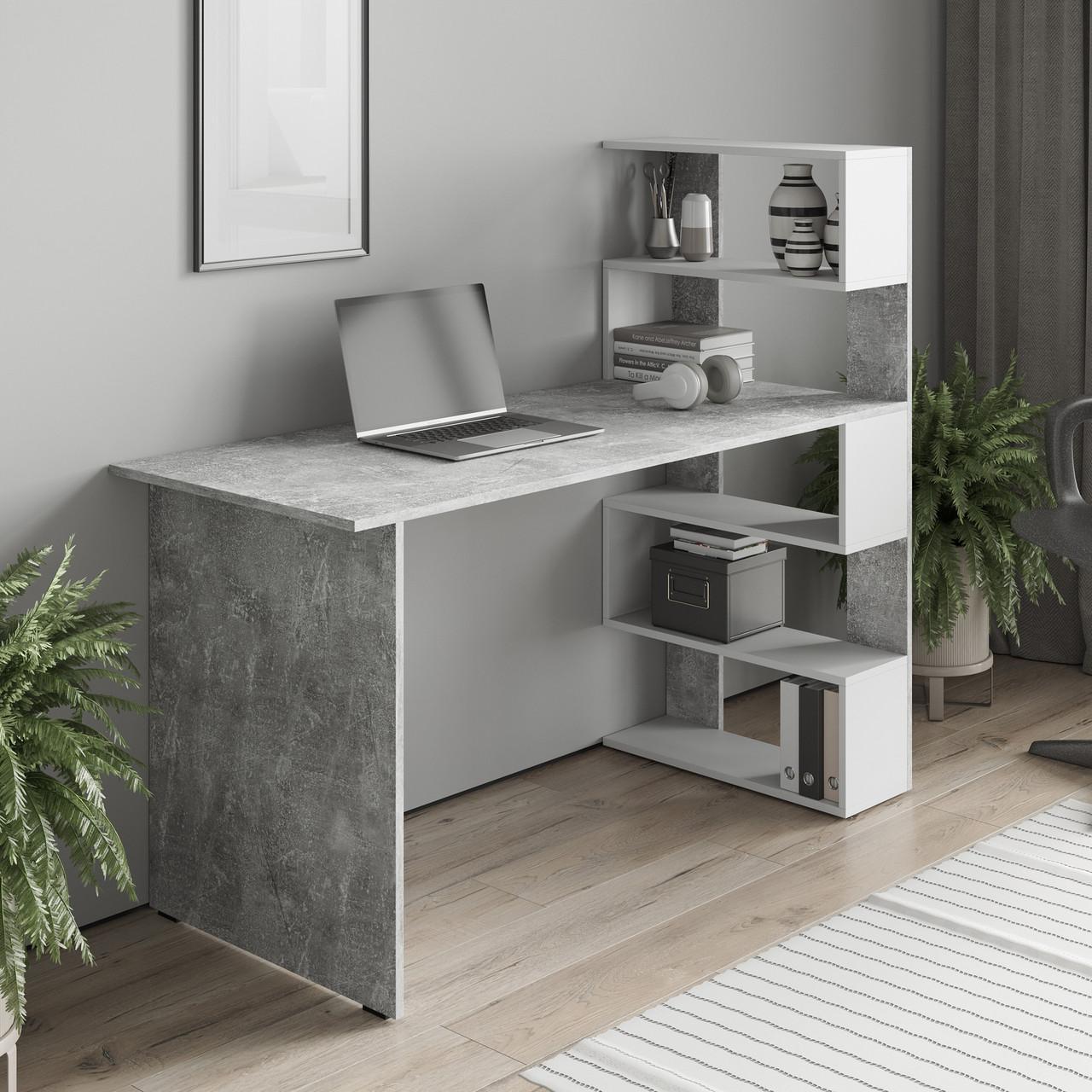 Письменный стол с полками 141,6x122,6x58,4 см Бетон/Білий (ST-0015)